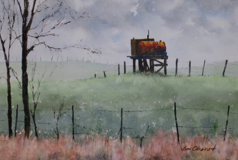 landscape, farm, rural, tank, field, original watercolor painting, oberst